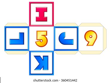 vector CUBE SCHEME Part3 IJKL56 ABC English alphabet. Vowels and consonants. LETTERS. NUMBERS. PRINT and CRAFT. Learning. Educational Toy for children. 