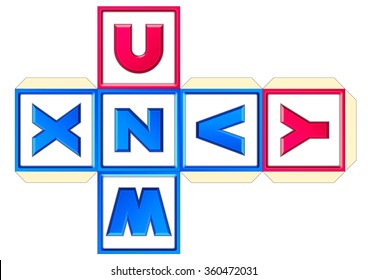 vector CUBE SCHEME Part6 UVWXYZ ABC English alphabet. Vowels and consonants. LETTERS. NUMBERS. PRINT and CRAFT Learning. Educational Toy for children. 