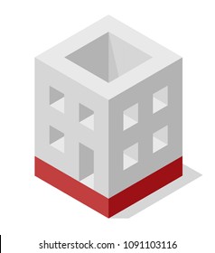 Vector cube shape evoking the rough construction of house. Minimalistic block like building from aerated concrete. Master isolated illustration, isometric construction industry icon symbol, white back