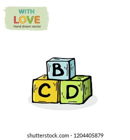 Vector cubes blocks kids toy isolated on a white background.Hand drawn children cube tower with letter for learn words in doodle style over white.