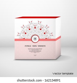 Vector cubic box template. Abstract round pattern with curls and hearts. Place for your text. 