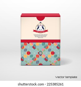 Vector cubic box template with a geometric pattern. Multicolored figures and grid. Beautiful round label with two goats and ribbon. 