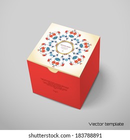 Vector cubic box template. Vintage round pattern in modern style. Aquilegia plants contain flowers, buds and leaves. Place for your text. Realistic shadows.