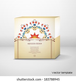 Vector cubic box template. Vintage round pattern in modern style. Aquilegia plants contain flowers, buds and leaves. Place for your text. 