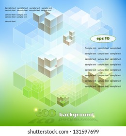 Vector cubical background with elements of ecological design. Green and blue. There are a lot of space for your text.