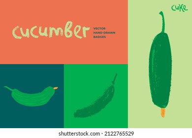 Vector cucumber icon isolated. Hand drawn cuke drawing, corm illustration. Vegetarian restaurant logo. Botanical sign. Vegetable insignia for organic gherkin label. Home cooking courses emblem design.