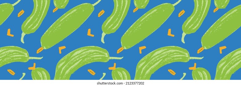 Vector cucumber pattern seamless. Hand drawn cuke drawings, corm illustrations. Vegetarian restaurant banner. Botanical ornament. Green vegetable backdrop for organic gherkin label. Cucumber wallpaper