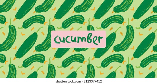 Vector cucumber pattern seamless. Hand drawn cuke drawings, corm illustrations. Vegetarian restaurant banner. Botanical ornament. Green vegetable backdrop for organic gherkin label. Cucumber wallpaper