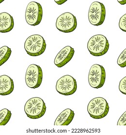 Vector cucumber pattern. Vegetable colored pattern. Detailed cucumbers drawing. Farm market product.