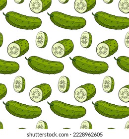 Vector cucumber pattern. Vegetable colored pattern. Detailed cucumbers drawing. Farm market product.