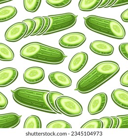 Vector Cucumber Seamless Pattern, repetición de fondo con pepinos de jardín maduros en rodajas para ropa de cama, afiche cuadrado decorativo con grupo de platillos planos de labranza voladora de pepino para el interior del hogar