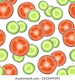 Vector Cucumber y Tomate patrón sin fisuras, repetir fondo con verduras voladoras para ropa de cama, afiche cuadrado con grupo de pepinos laicos y tomates para el interior del hogar sobre fondo blanco