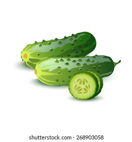 Vector cucumbers with slices isolated on white.