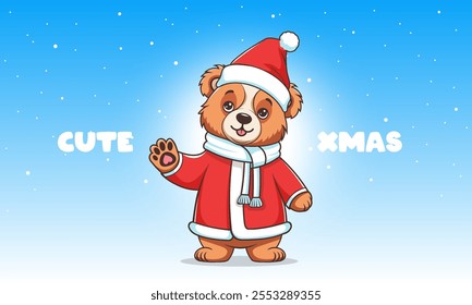 Vector cuddly cartoon funny kind plush soft teddy bear in Santa Claus costume and white scarf. Cute xmas. Festive nice childrens toy, waves his paw. Merry Christmas and Happy New year.