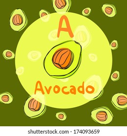 vector culinary alphabet, avocado sketch