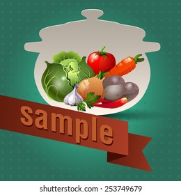 Vector culinary background for recipes with tomato, garlic, parsley, chili, potatoes, onions, cabbage, carrots