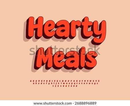 Vector Culinary banner Hearty Meals for Cafe. Cute Red 3D Font. Decorative Alphabet Letters and Numbers set.