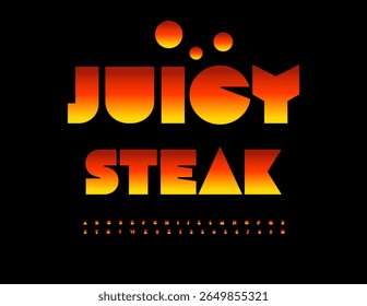 Vector Culinary board Juice Steak for Cafe. Bright Burn Font. Fire Alphabet Letters and Numbers set.