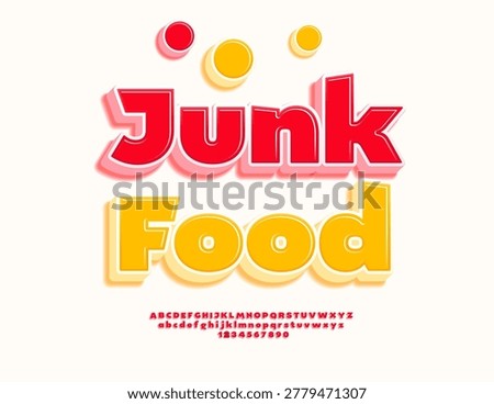 Vector Culinary board Junk Food. Creative Red Font. Bright set of 3D Alphabet Letters and Numbers set.