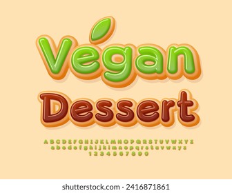 Concepto vectorial de postre vegan con hojas decorativas.  Juego de letras y números de alfabeto de hielo verde. Tipo de letra sin estilo.