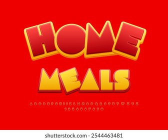 Vector culinario Emblem Home Meals. Fuente roja y amarilla creativa. Conjunto brillante de letras y números del alfabeto.