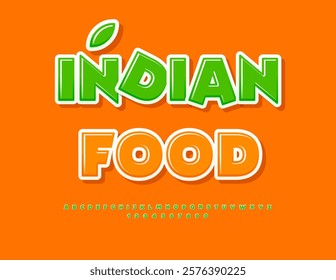 Vector Culinary emblem Indian Food with Bright Font. Set of Glossy Green Alphabet Letters and Numbers set.