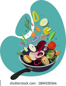 Vector culinary illustration with vegetables tossed up over a frying pan