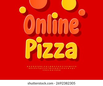 Vector Kulinarische Promotion Online-Pizza. Moderne runde gelbe Schrift. Dekorative Alphabet Buchstaben und Zahlen gesetzt.