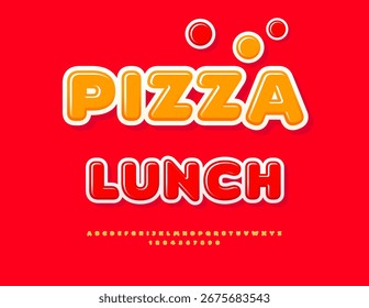 Vector Culinary Promotion Pizza Lunch. Orange Glossy Font. Bright Round Alphabet Letters and Numbers set.