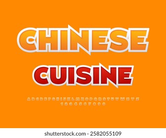 Vector Culinary sign Chinese Cuisine for Menu, Take away, Restaurant. Yellow Travel Font. Sticker style set of Alphabet Letters and Numbers.