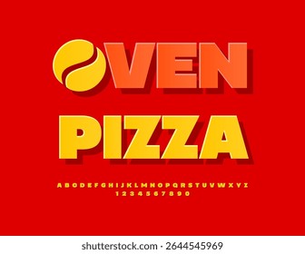 Vetor Culinary placa de fogão Pizza com emblema decorativo. Fonte amarela clássica. Conjunto moderno de letras e números do alfabeto do adesivo.