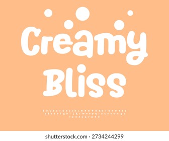 Vector Culinary template Creamy Bliss. Funny White Font. Artistic Rounded Alphabet Letters and Numbers set