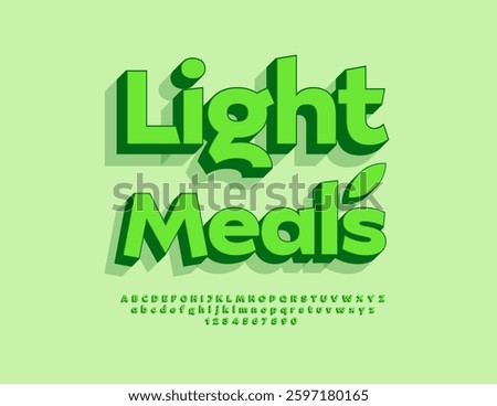Vector Culinary template Light Meals. Modern Green Font. Fashion 3D Alphabet Letters and Numbers set