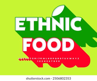 Vector cultural flyer
 Ethnic Food with bright 3D Font. White Alphabet Letters and Numbers set with Green Shadow