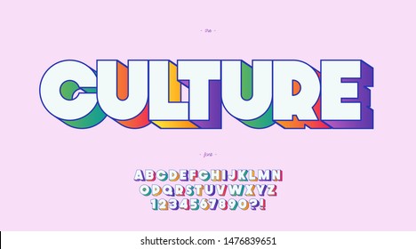 Vector culture font 3d bold color style trendy typography for decoration, t shirt, party poster, printing, banner, promotion, stamp, label, special offer. Modern alphabet. 10 eps