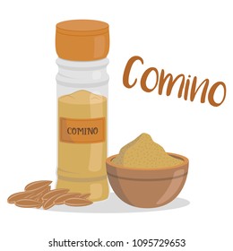 Vector cumin illustration isolated in cartoon style. Spanish name. Herbs and Species Series