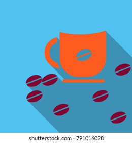 vector cup of black coffee and scattered coffee beans on white background