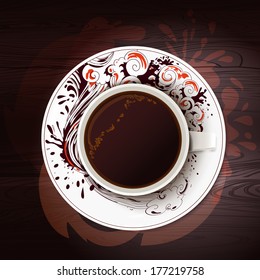 Vector cup of black coffee with symbolic hand drawing ornament