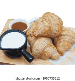 Vector cup black of milk with croissants on Wooden cutting board. Caramel Sauce in White Cups.