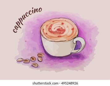 Vector cup of cappuccino and coffee beans.