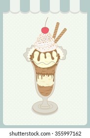 Vector the cup of chocolate sundae ice cream.Pastel color of blue background.