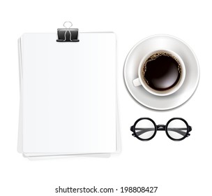 Vector Cup of Coffe with Glasses and Blank Sheets of Paper