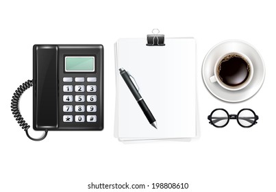 Vector Cup of Coffe with Glasses and Blank Sheets of Paper