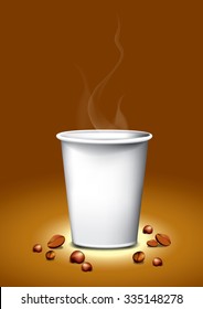 Vector cup of coffee and bean in spotlight on brown background, Vector EPS10 illustration.