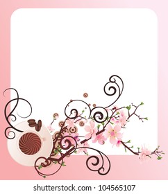 vector cup of coffee and  blossoming cherry tree brunch frame