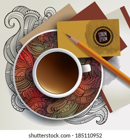 Vector Cup of coffee, business cards and hand drawn floral ornament on a saucer and background