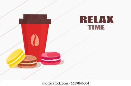 Vector of a cup of coffee and colorful macaroons. 