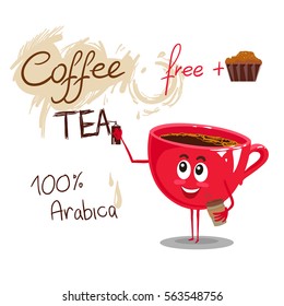Vector cup of coffee with different text. Illustration isolated on white background. 