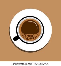 taza vectorial de café con espuma en un platillo blanco sobre una vista de fondo marrón arriba. Ilustración de estilo plano de diseño mínimo