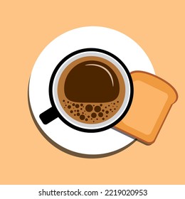 Vector cup of coffee with foam and piece of toast bread on a white saucer on a brown background top view. Minimal design flat style illustration